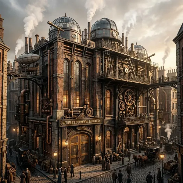 Steampunk laboratory exterior features