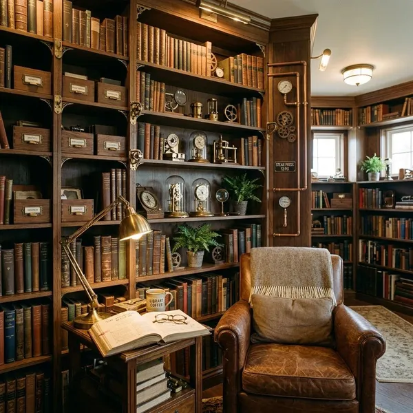 Bookcases and furniture for a steampunk library