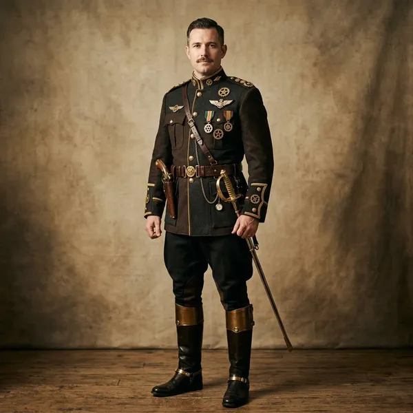 Key pieces of a steampunk military uniform